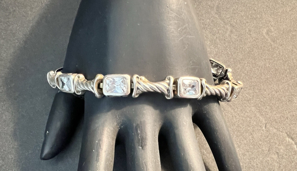 Sterling Silver 925 Square Cut White Topaz Station Bracelet 24g Vintage